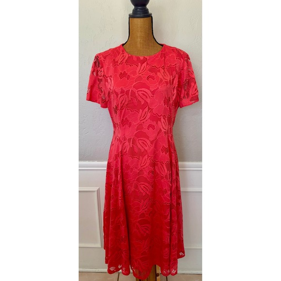 Preston & York Dresses & Skirts - Preston & York Womens Coral Pink Floral Lace Short Sleeve Midi A-Line Dress 10